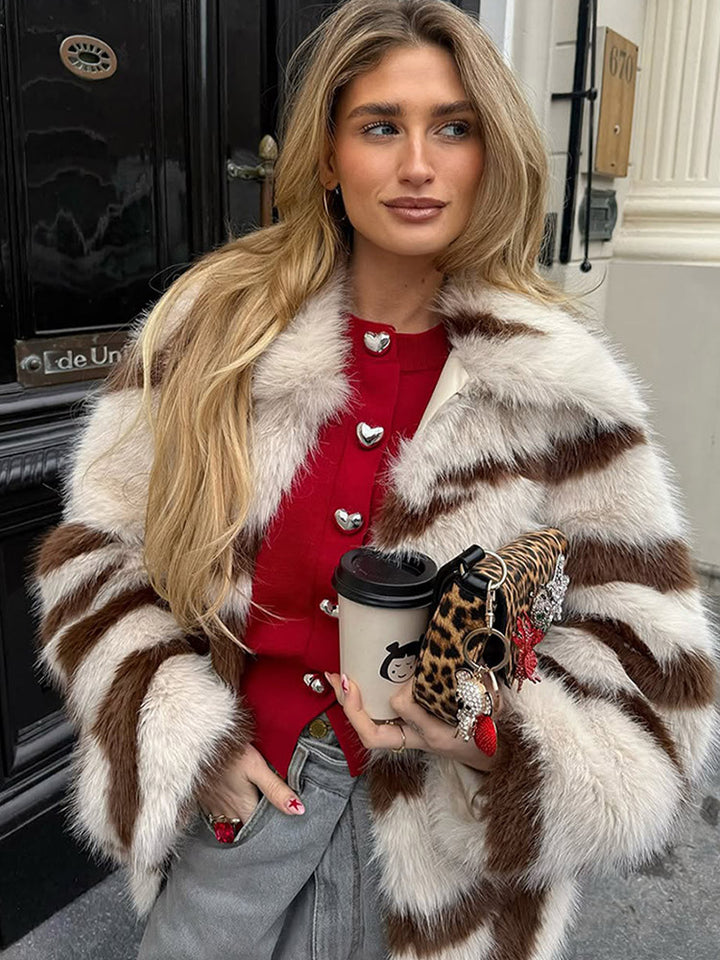 Women Striped Oversize Faux Fur Coat with Short Boxy Cut Mune Fashion