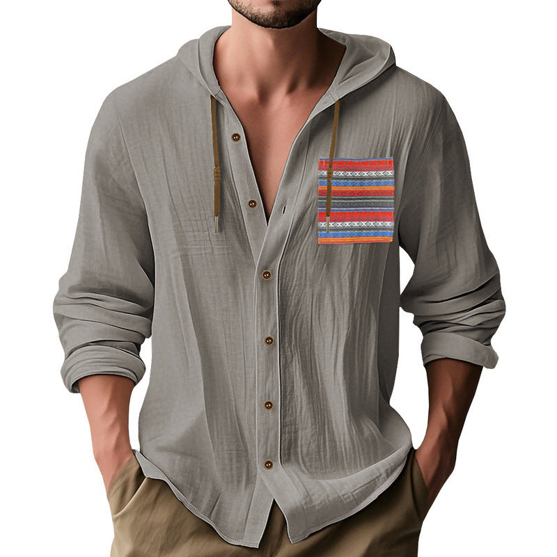 Men's lightweight hooded shirt jacket made of structured cotton blend with ethnic chest pocket and button placket Mune Fashion