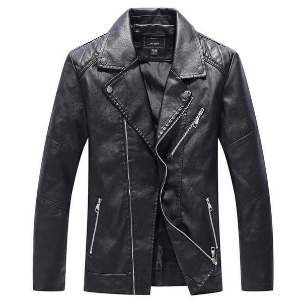 Men's Slim-Fit Faux Leather Motorcycle Jacket with Asymmetrical Zipper Front Mune Fashion