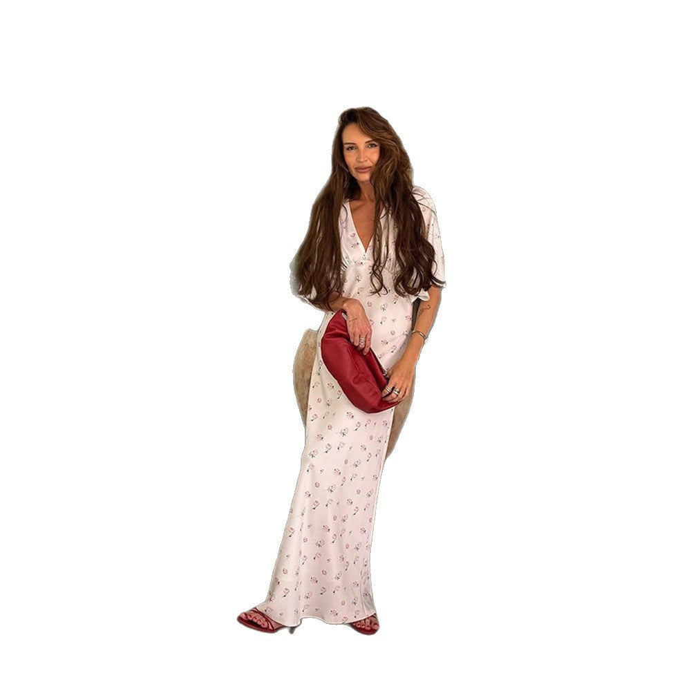 Women’s maxi dress made of satin with wrap top, V-neck & voluminous puff sleeves Mune Fashion