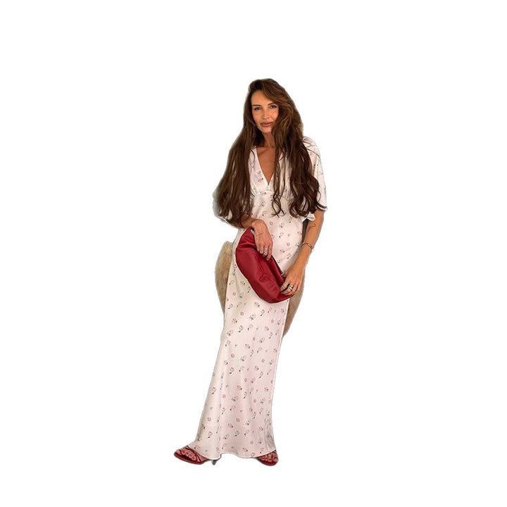 Women’s maxi dress made of satin with wrap top, V-neck & voluminous puff sleeves Mune Fashion