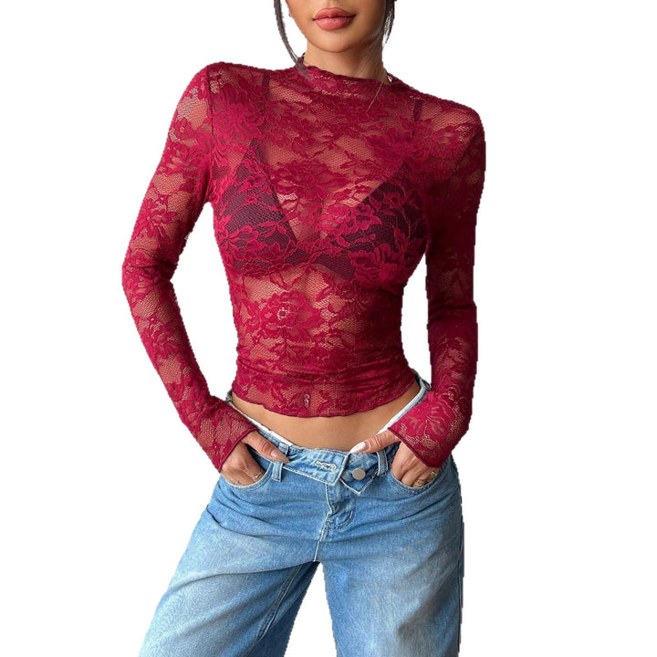 Women's figure-hugging transparent lace crop top with high neck and integrated bustier shape Mune Fashion