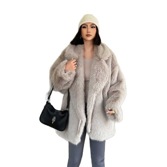 Women Short Fluffy Coat with Oversized Silhouette, Voluminous Shawl Collar and Medium Length Mune Fashion