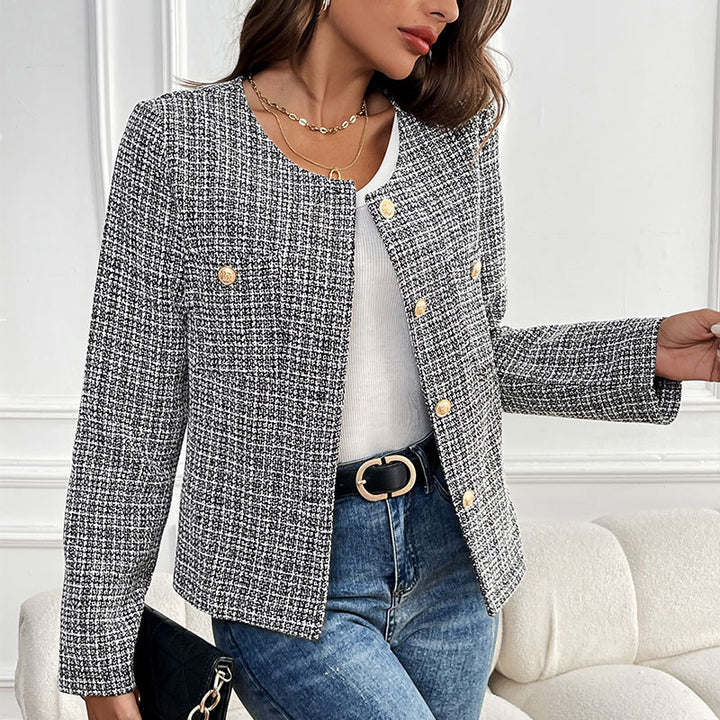 Women's Boucle Tweed Blazer with Round Neckline, Gold Decorative Buttons and Boxy Silhouette Mune Fashion