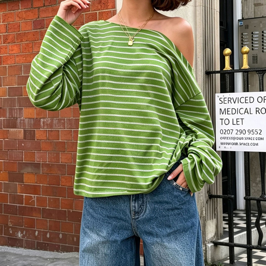 Women's Oversize Long Sleeve Top with Wide Neckline, Maritime Stripes and Relaxed Fit Mune Fashion
