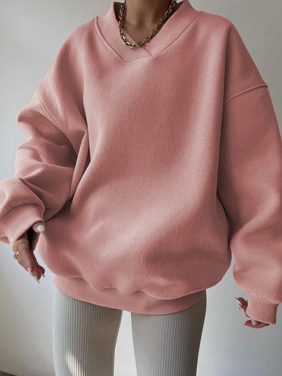 Women's Oversized V-Neck Sweatshirt with Reinforced Ribbed Collar and Extra Wide Cut Mune Fashion