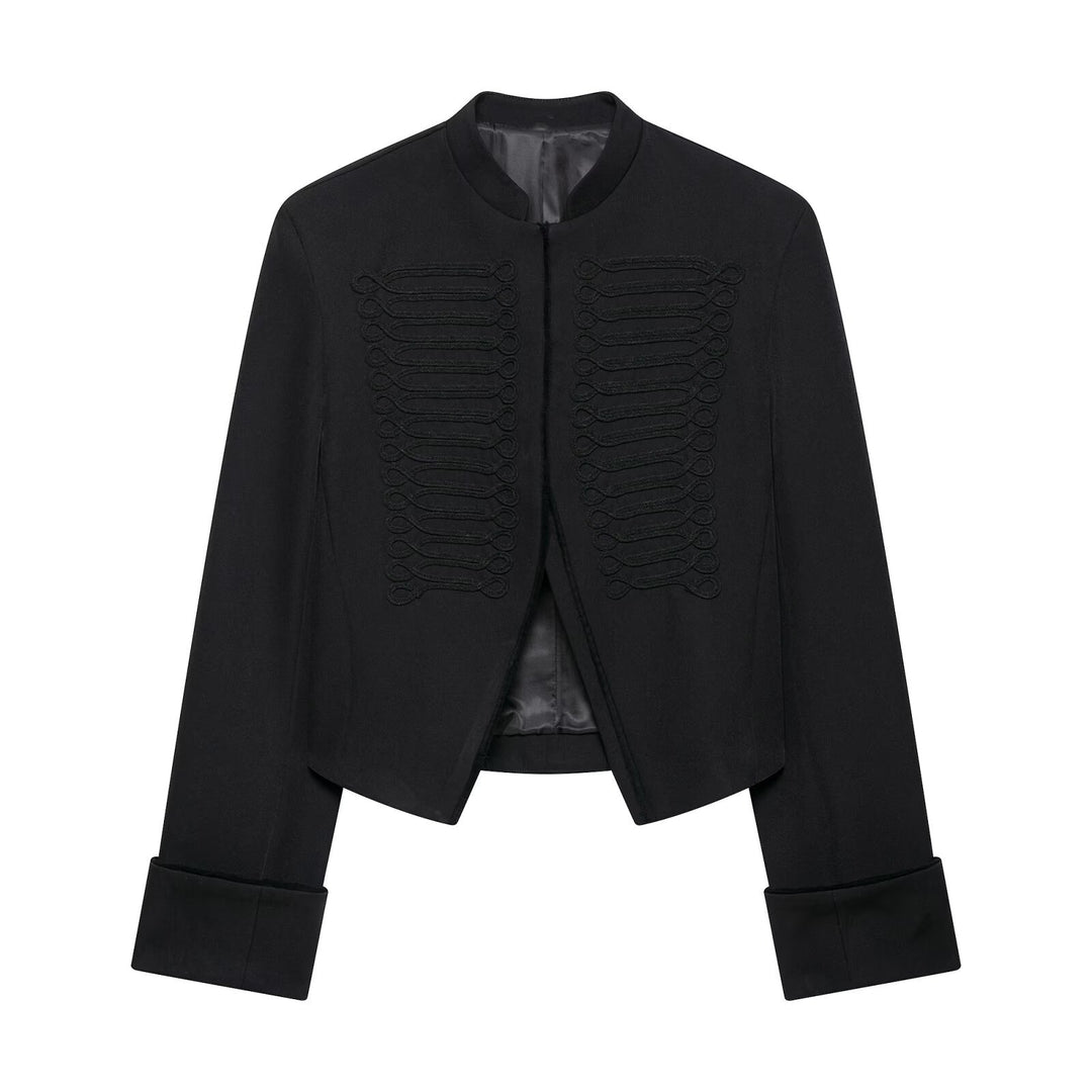 Women's short military-inspired bolero jacket with stand-up collar and decorative cords Mune Fashion
