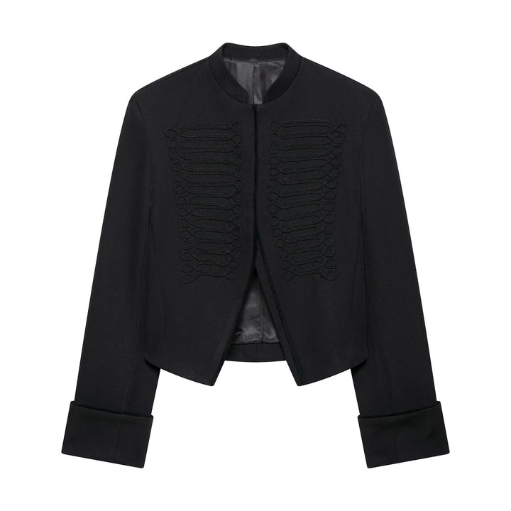 Women's short military-inspired bolero jacket with stand-up collar and decorative cords Mune Fashion