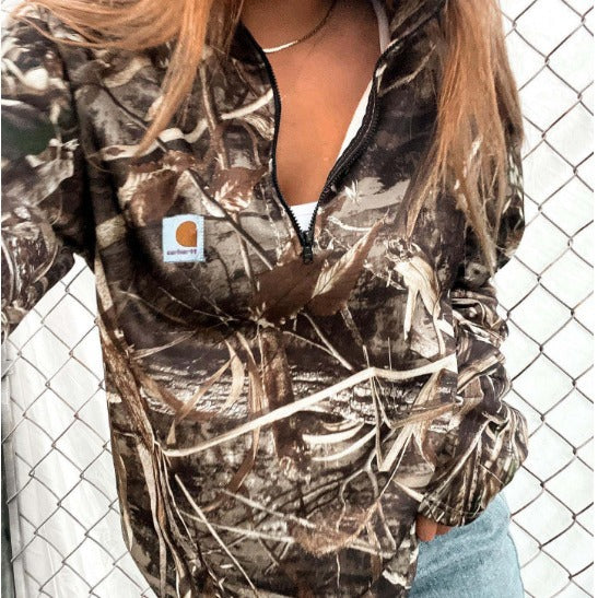 Women Camouflage Half-Zip Fleece Sweatshirt with Hood and Kangaroo Pocket Mune Fashion