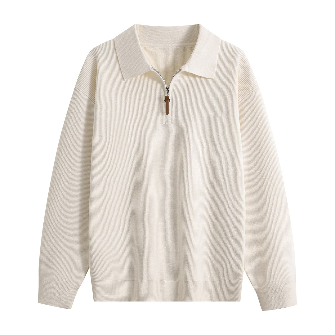 Women's Oversized Ribbed Sweater with Polo Collar & Short Zip Mune Fashion