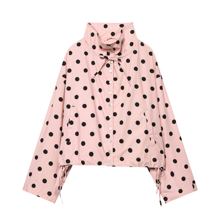 Women's Polka Dot Cropped Blouson Jacket with High Stand Collar, Drawstring and Button Placket Mune Fashion