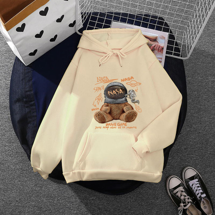 Women casual hoodie with astronaut teddy print, kangaroo pocket and soft fleece lining Mune Fashion