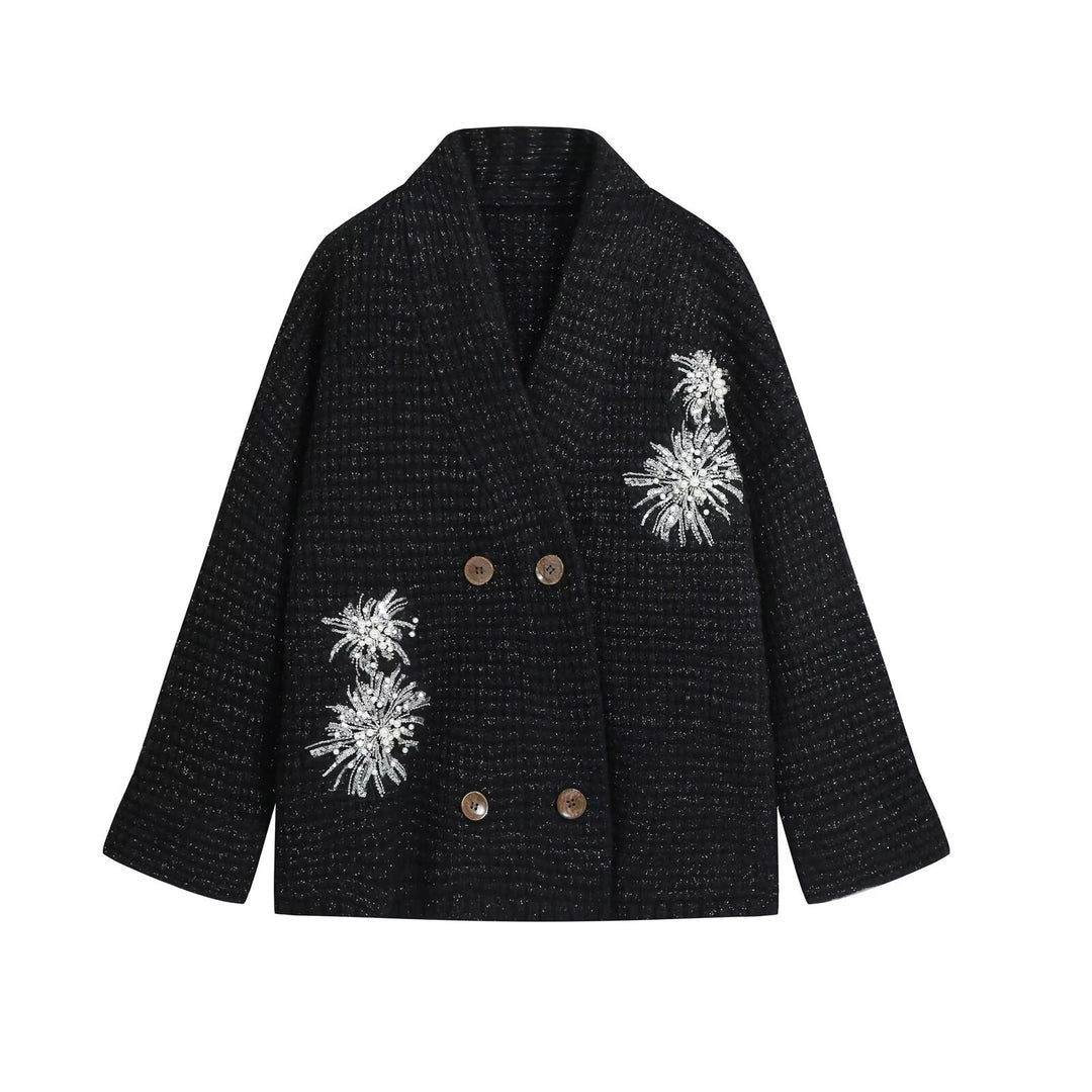 Women's Waffle Knit Cardigan with Double-Breasted Button Placket and Decorative Application Mune Fashion