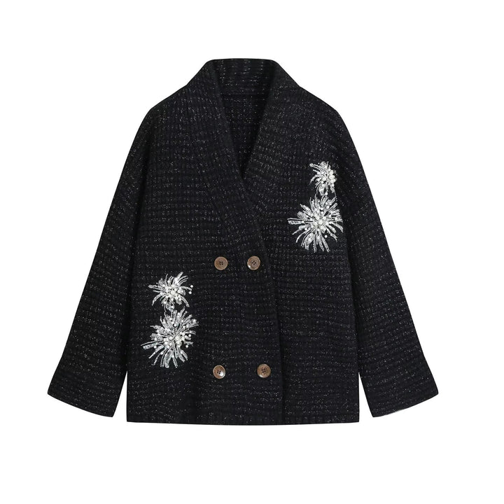 Women's Waffle Knit Cardigan with Double-Breasted Button Placket and Decorative Application Mune Fashion