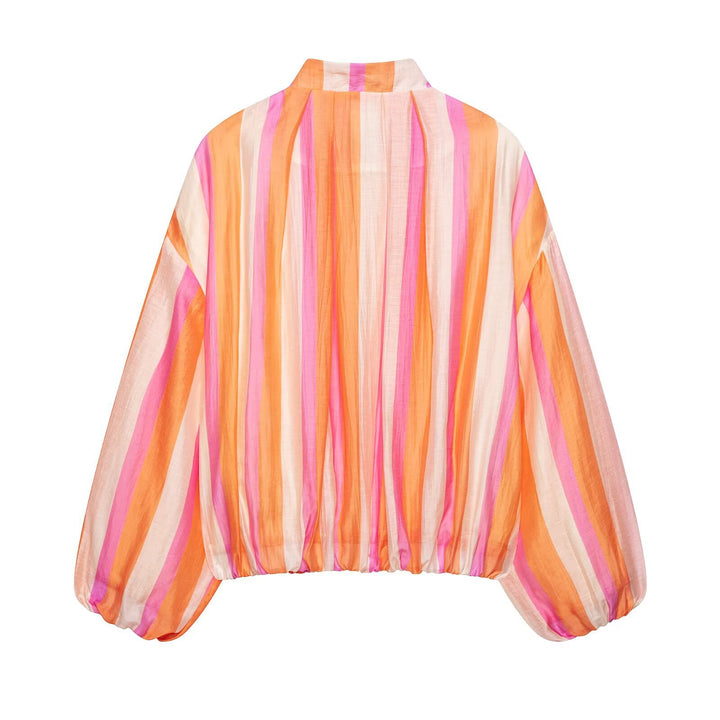 Women Striped Lightweight Bomber Jacket with Balloon Sleeves and Zipper Mune Fashion