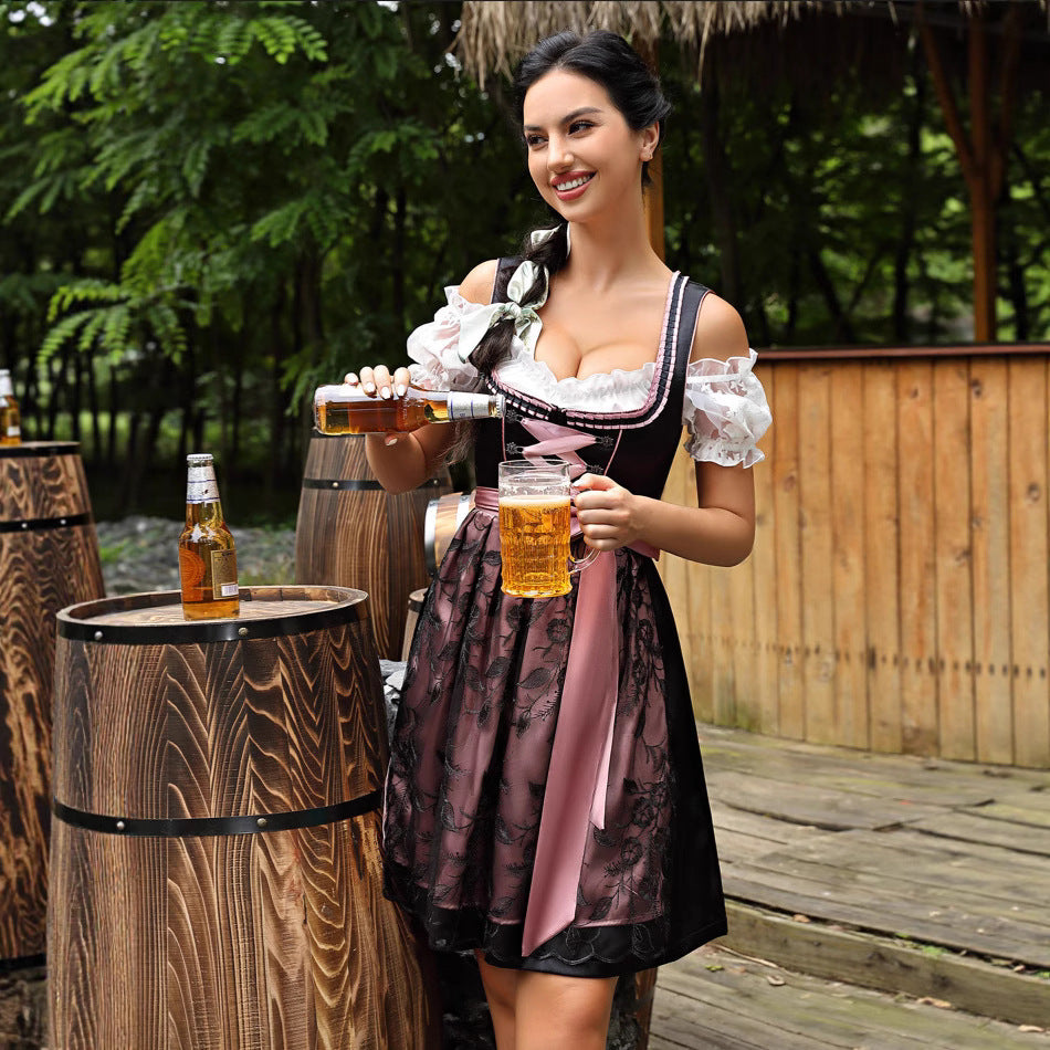 Women's short dirndl traditional dress with lacing, lace sleeves and decorative apron Mune Fashion