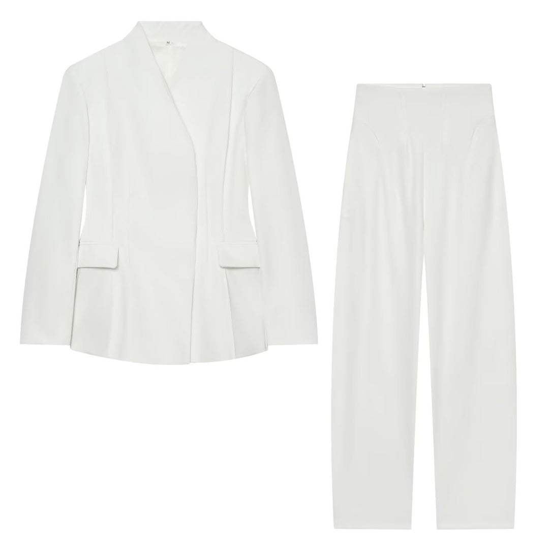 Women's Elegant Two-Piece Suit Set with Blazer without Lapels and High-Waist Wide-Leg Pants Mune Fashion