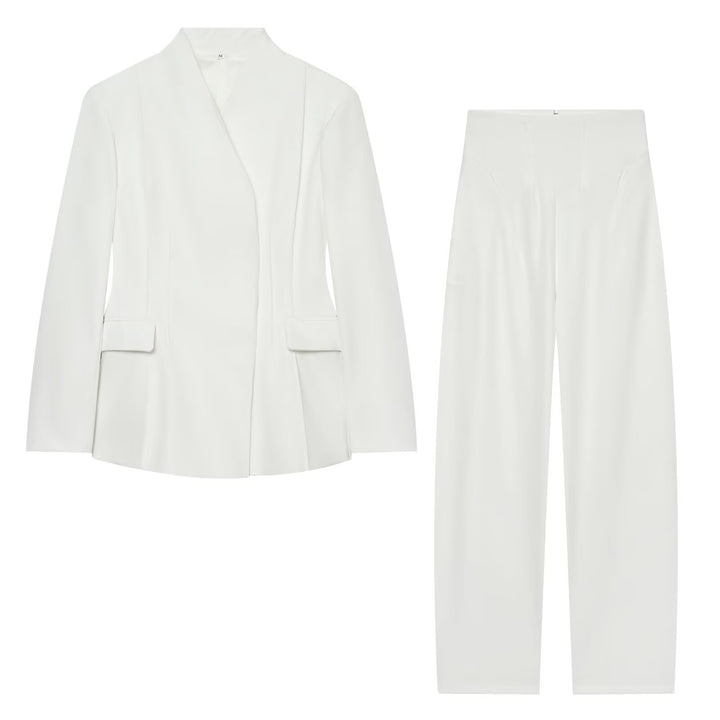 Women's Elegant Two-Piece Suit Set with Blazer without Lapels and High-Waist Wide-Leg Pants Mune Fashion