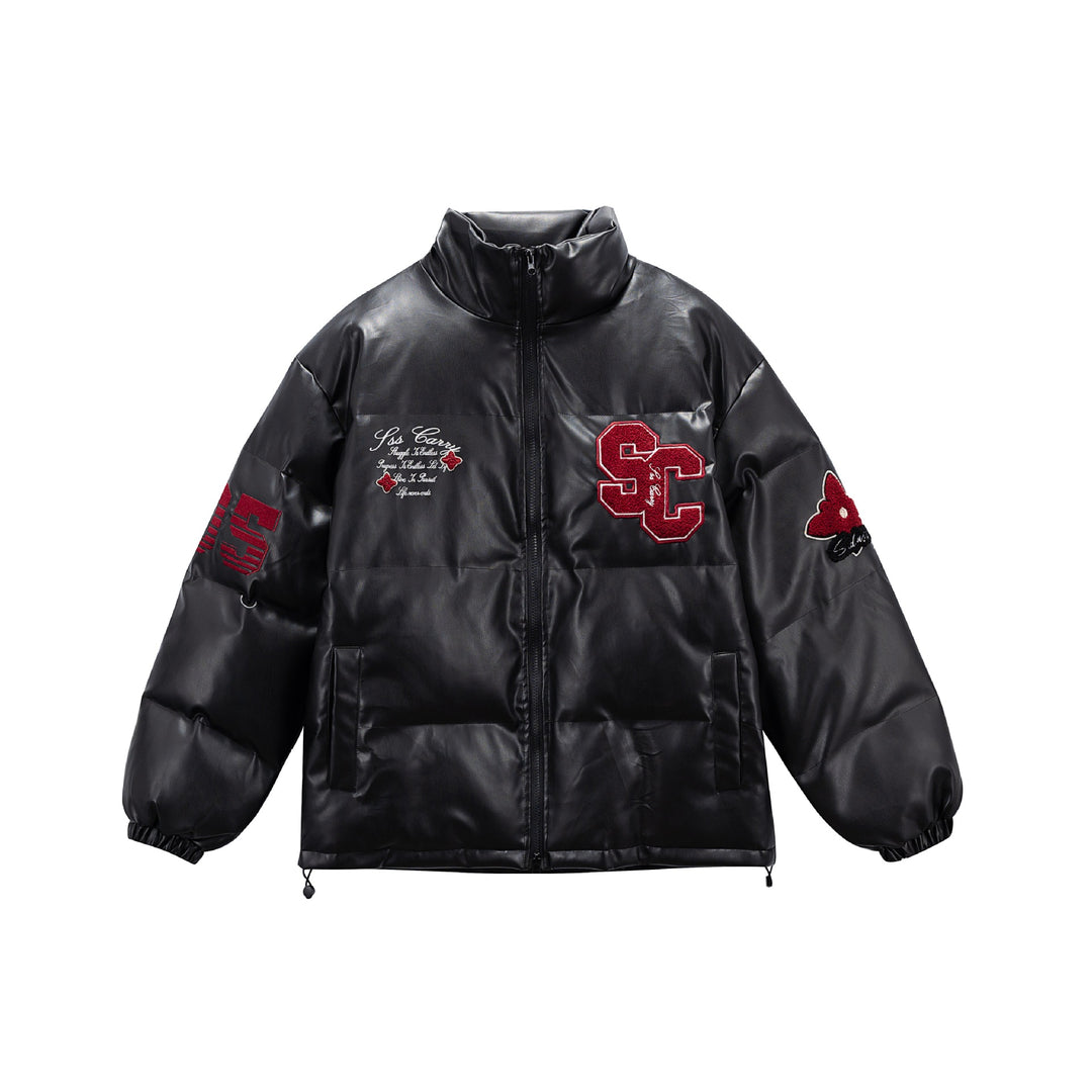 Unisex Short padded college puffer jacket with high stand-up collar, appliqués and drawstring hem Mune Fashion