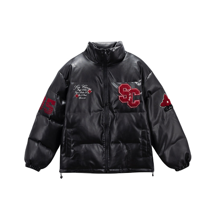 Unisex Short padded college puffer jacket with high stand-up collar, appliqués and drawstring hem Mune Fashion