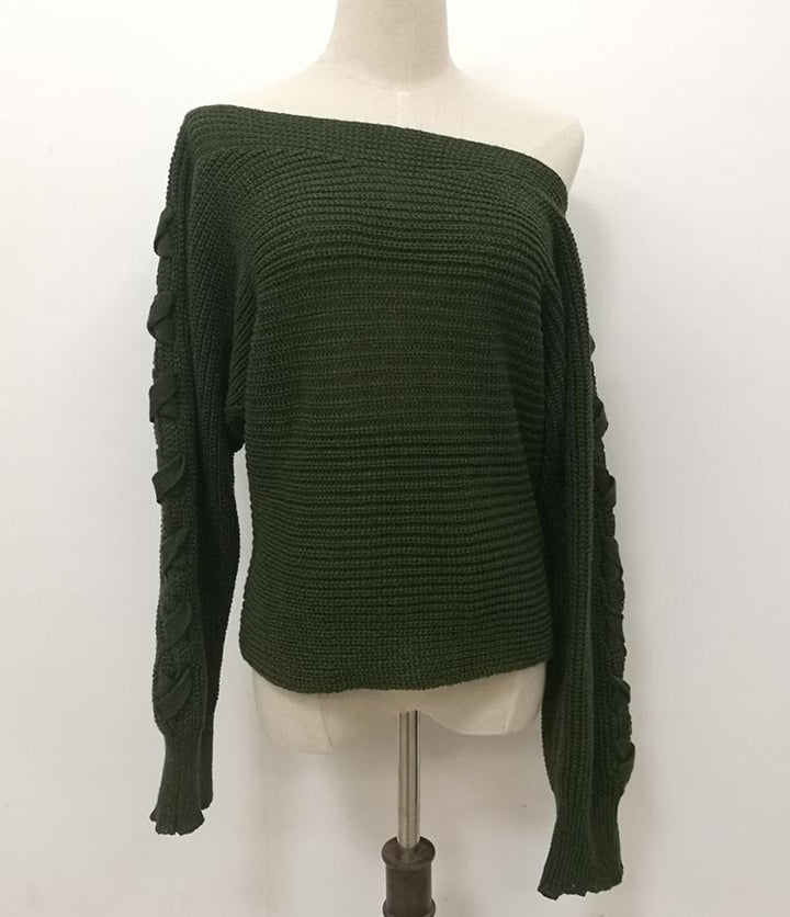 Damen Off-Shoulder Grobstrickpullover mit Zopfärmeln Drune