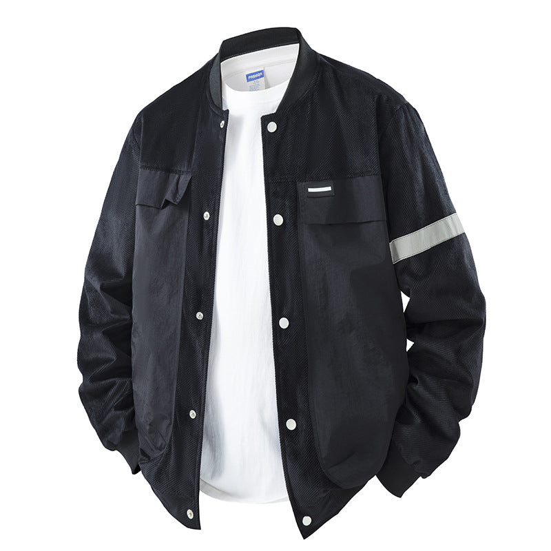 Men's Lightweight Utility Bomber Jacket with Snap Closure, Chest Pockets and Reflective Sleeve Stripe Mune Fashion