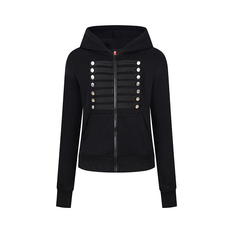 Women's hooded sweatshirt jacket with decorative military braid trim and decorative buttons Mune Fashion