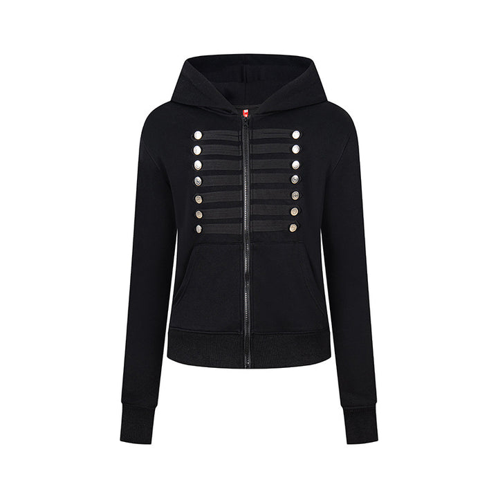 Women's hooded sweatshirt jacket with decorative military braid trim and decorative buttons Mune Fashion