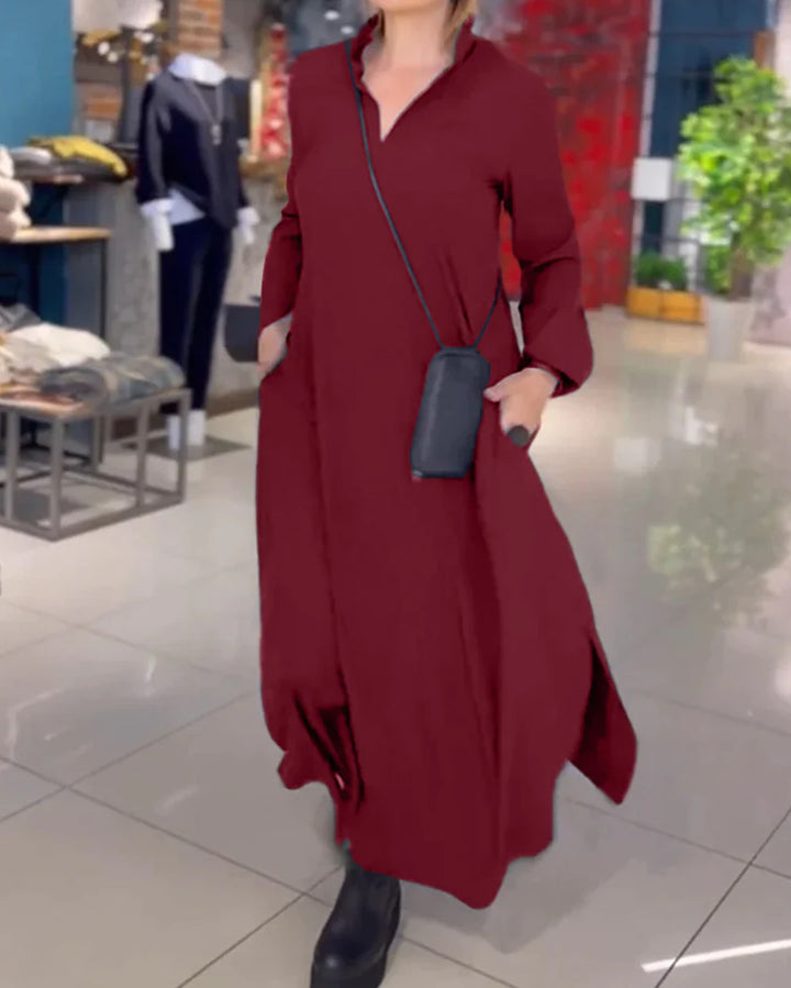 Women's Long Maxi Dress with Stand Collar, Side Pockets and Loose Fall Mune Fashion