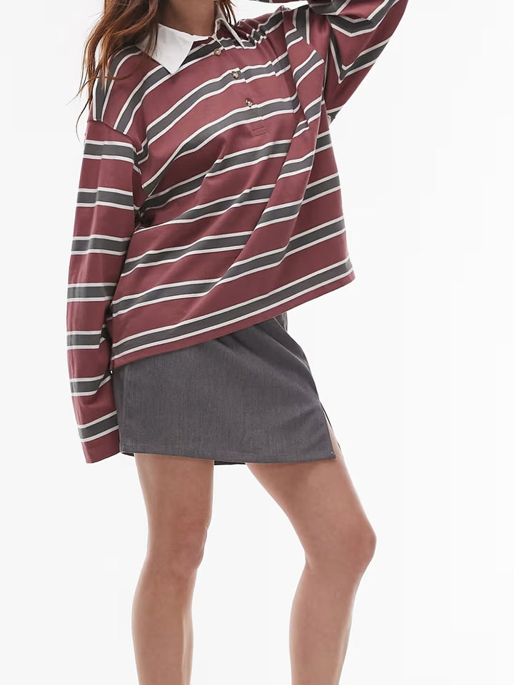 Women's Casual Striped Shirt with Polo Collar