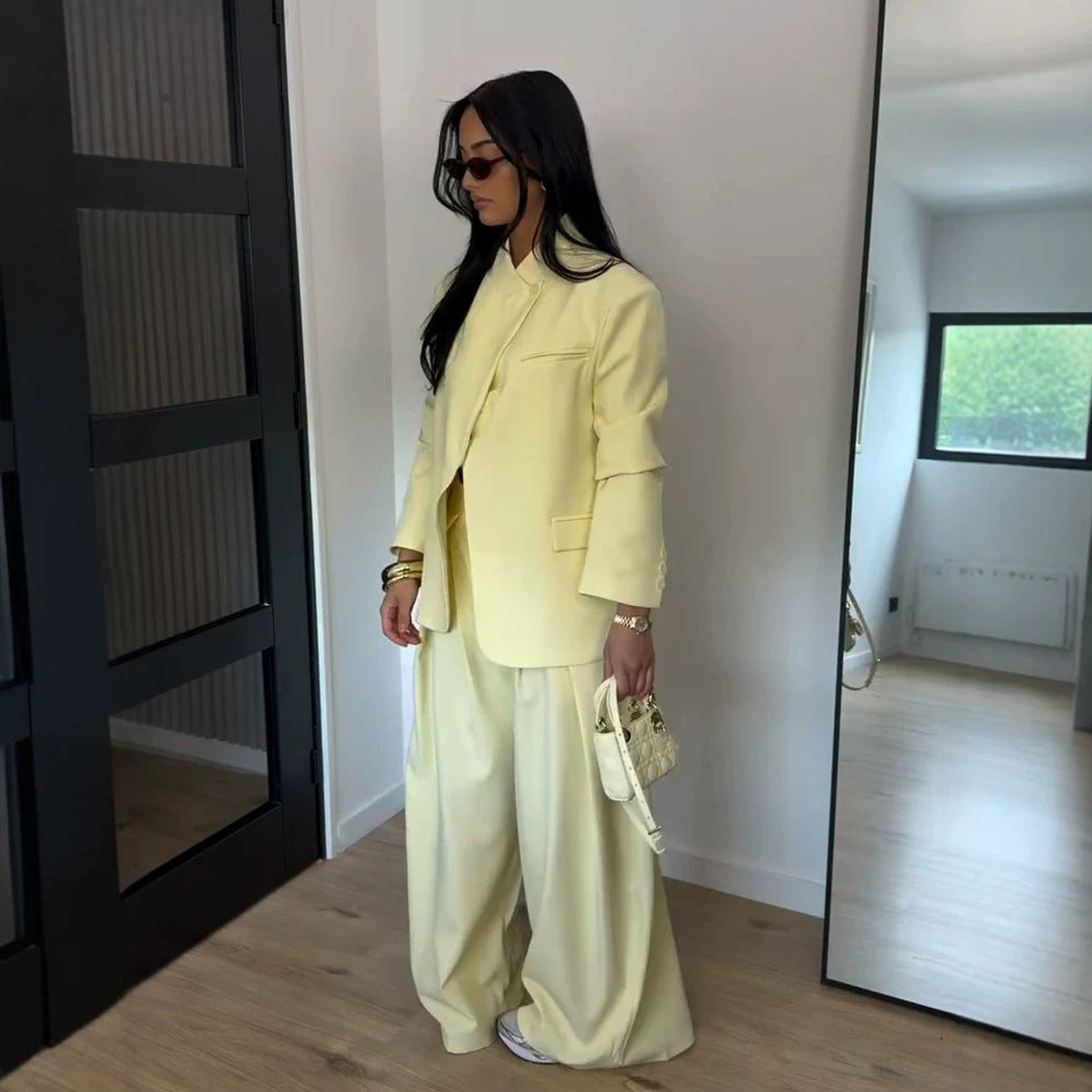 Women Two-Piece Oversized Blazer with Stand Collar and Wide Pleated Trousers Mune Fashion