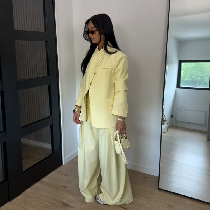 Women Two-Piece Oversized Blazer with Stand Collar and Wide Pleated Trousers Mune Fashion