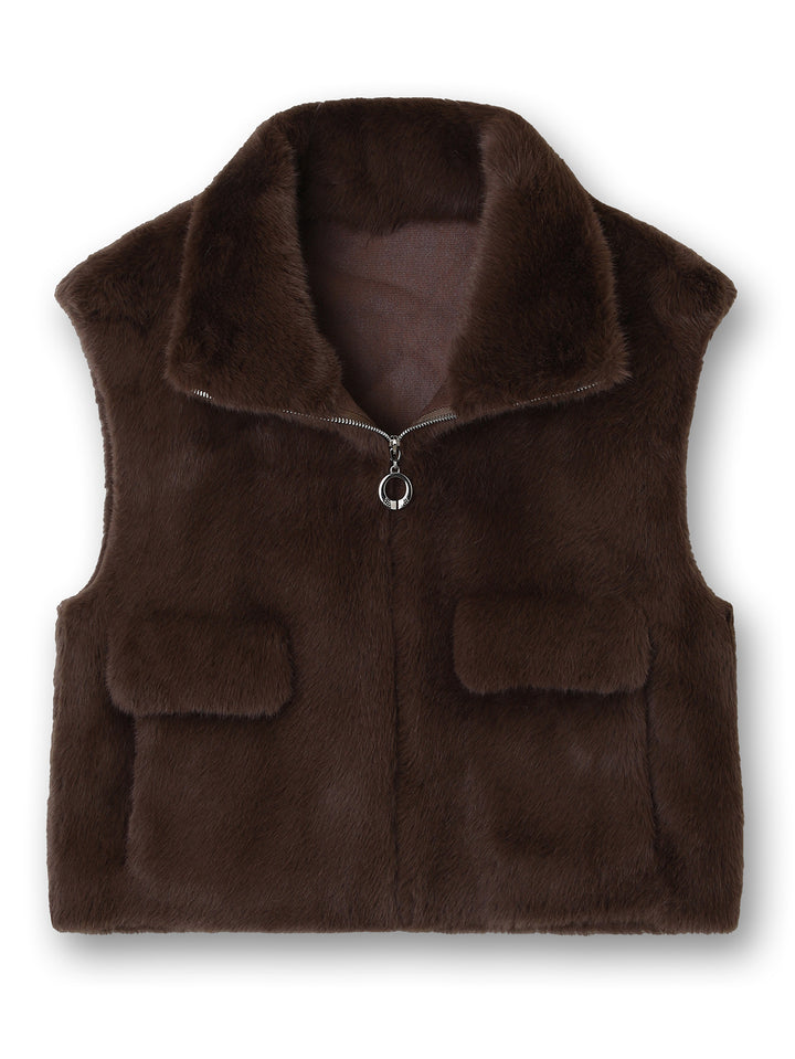 Women's Sleeveless Faux Fur Vest with Stand-up Collar, Zipper and Flap Pockets Mune Fashion