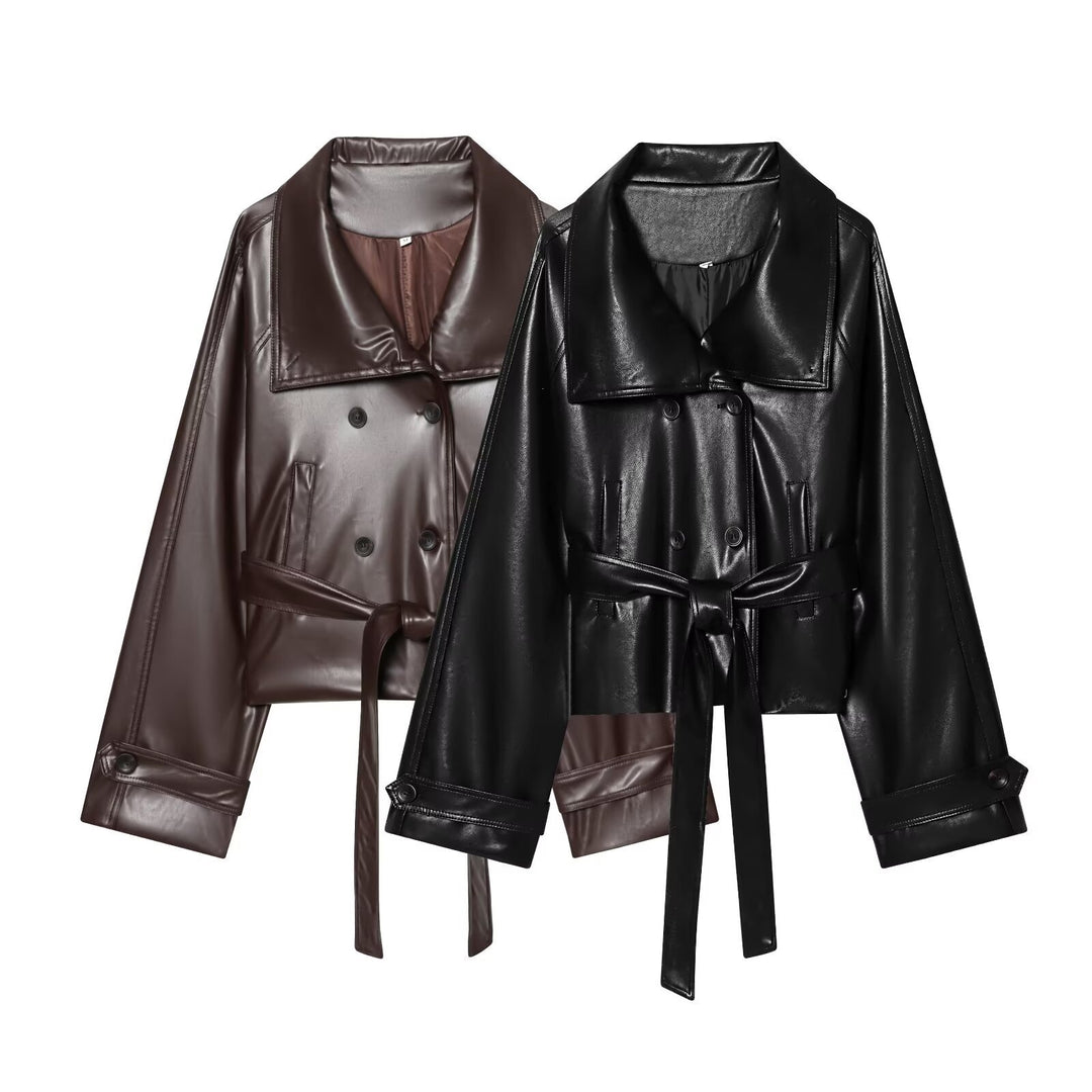 Women's Short Cut Double-Breasted Faux Leather Blouson with Waist Belt and Wide Lapel Collar Mune Fashion