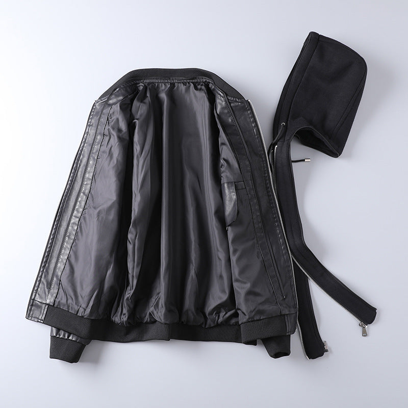 Men's faux leather bomber-style hooded jacket with full zip and ribbed cuffs Mune Fashion