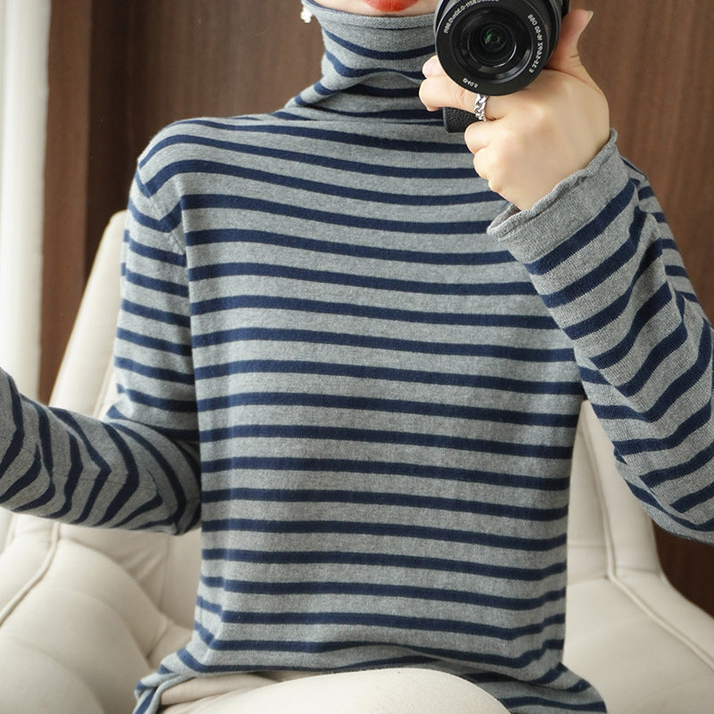 Ladies Maritime Fine Knit Turtleneck with Fine Stripe Pattern and Slim Fit Mune Fashion