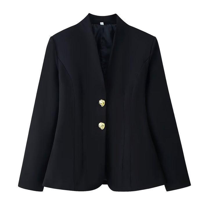 Women Tailored Blazer with V‑Neck, Seamless Silhouette and Decorative Buttons Mune Fashion
