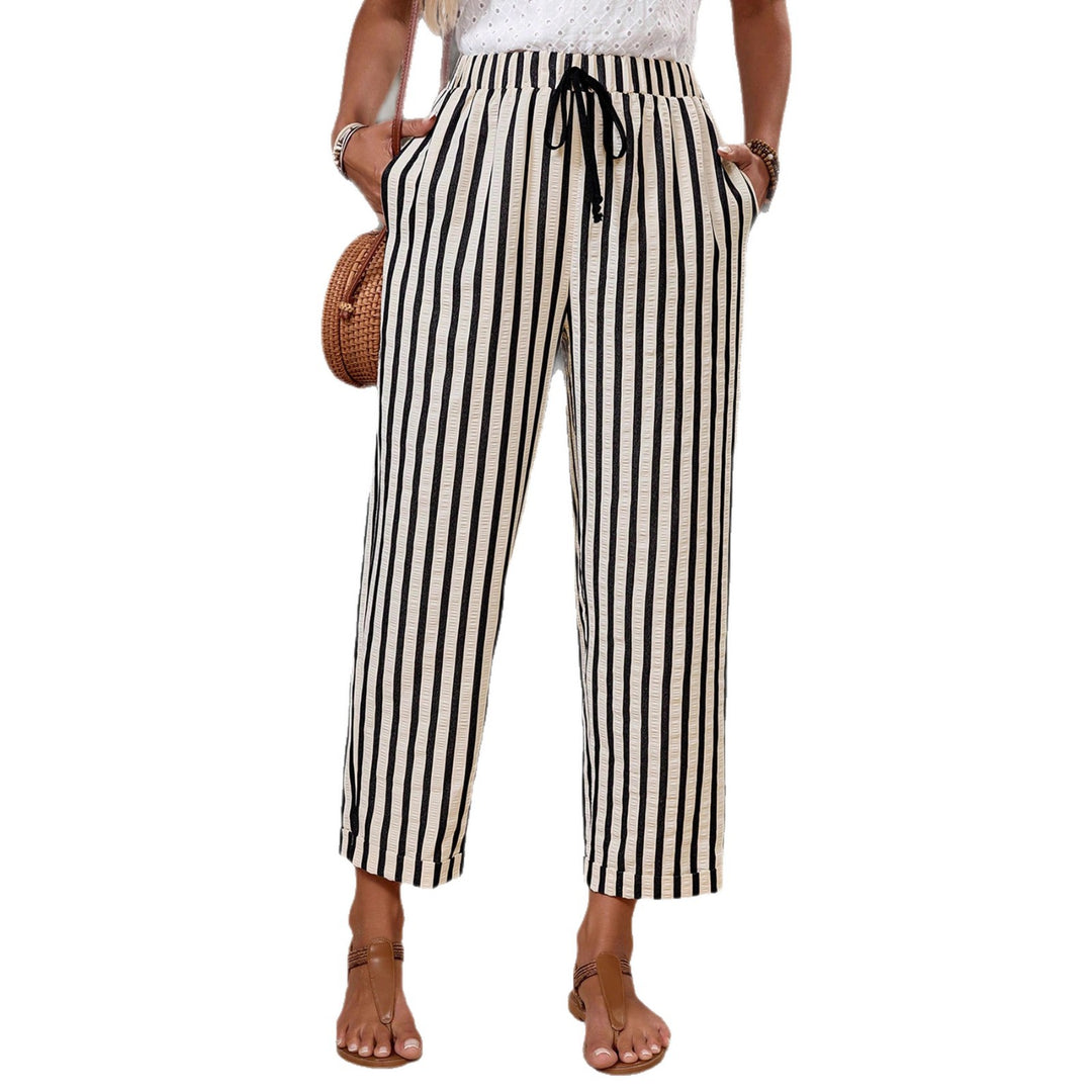 Women's Lightweight High-Waisted Striped Pants with Elastic Waistband, Drawstring, and Side Pockets