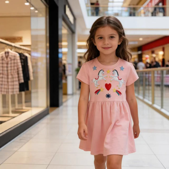 Girls summer dress with colorful unicorn motif and cheerful appliqués Mune Fashion