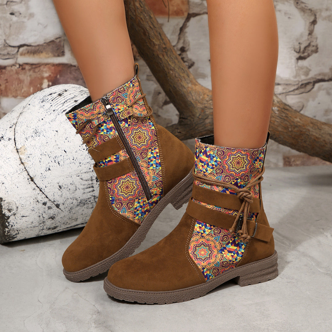 Ladies ankle-high suede-look ankle boots with leopard print pleat, side zipper and decorative buckle Mune Fashion