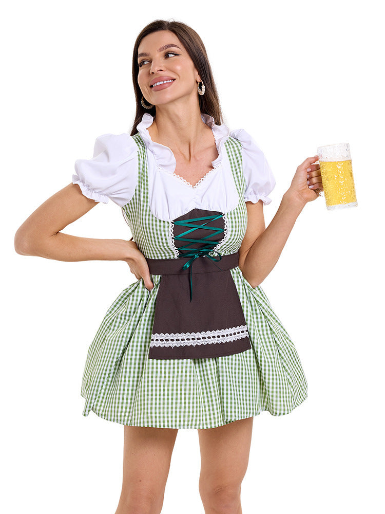 Ladies' short checked traditional Dirndl with lacing puff sleeves and apron Mune Fashion