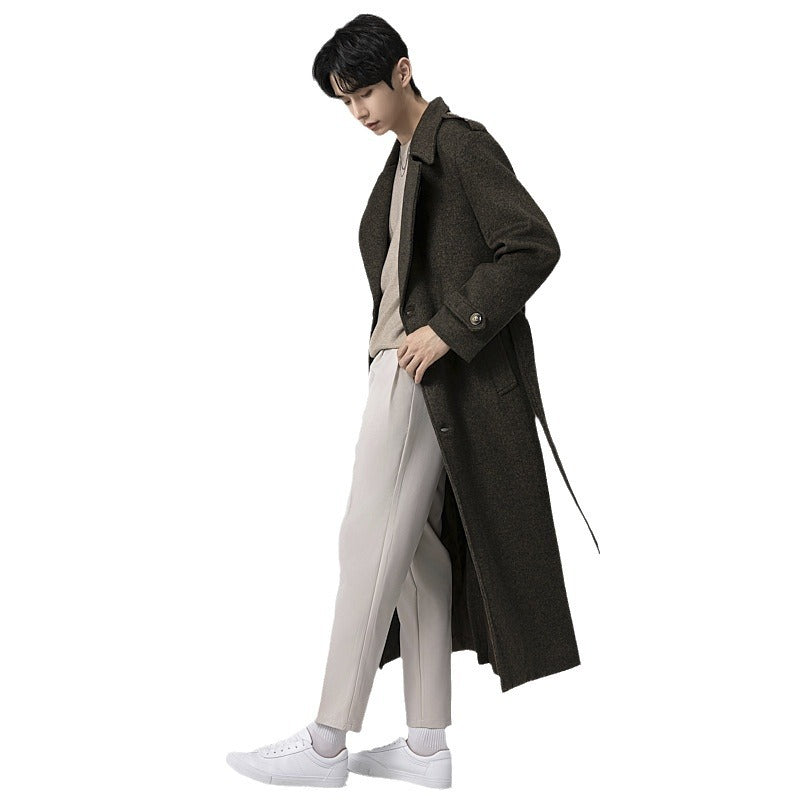 Men's maxi-length wool blend coat with tailored silhouette, shawl collar, and decorative shoulder straps Mune Fashion