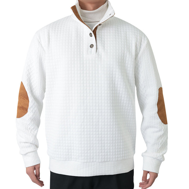 Men's waffle knit half-zip sweater with stand-up collar, leather accents, and elbow patches Mune Fashion