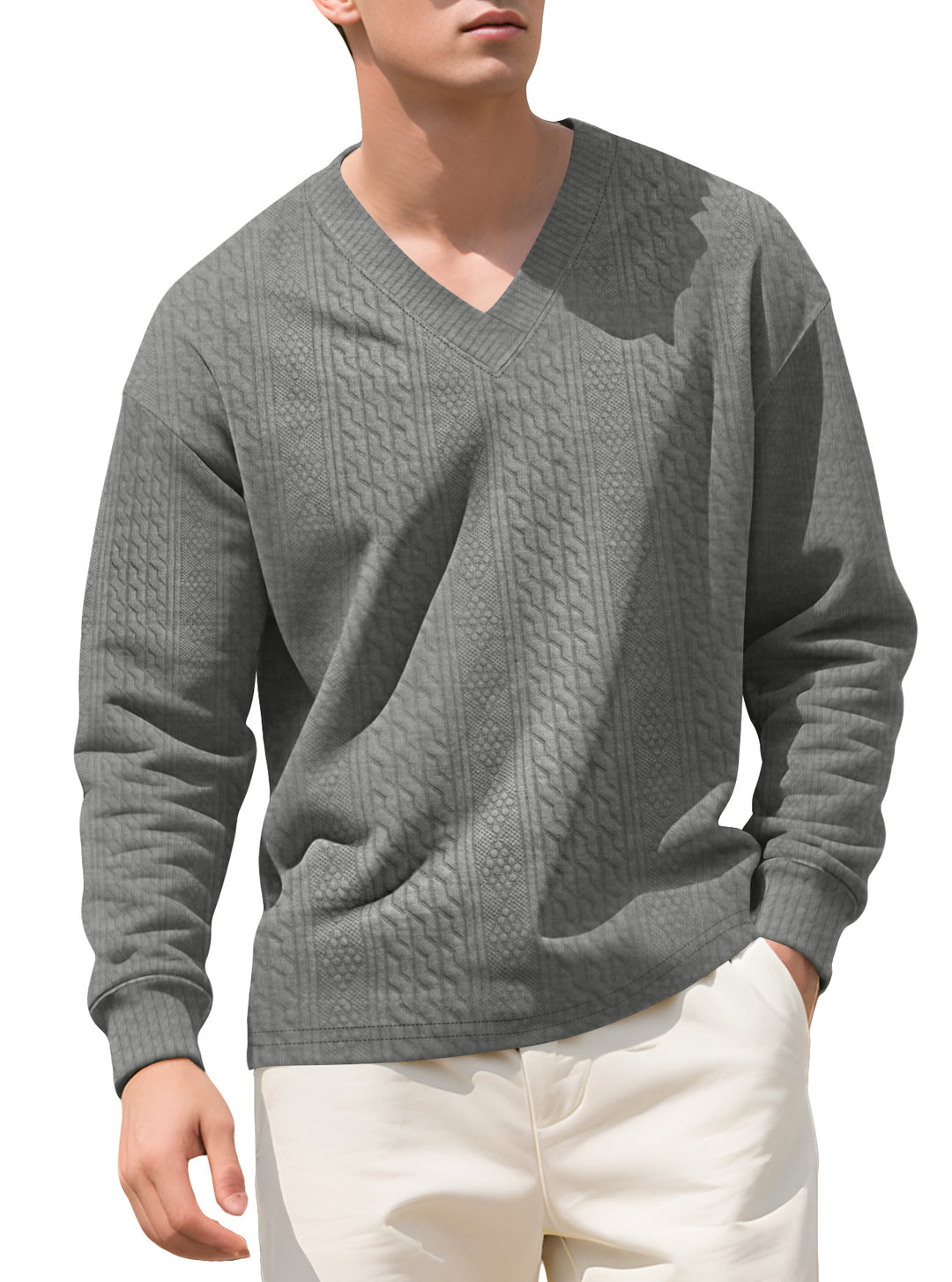 Men's structured V-neck knitted sweater with cable and honeycomb pattern Mune Fashion