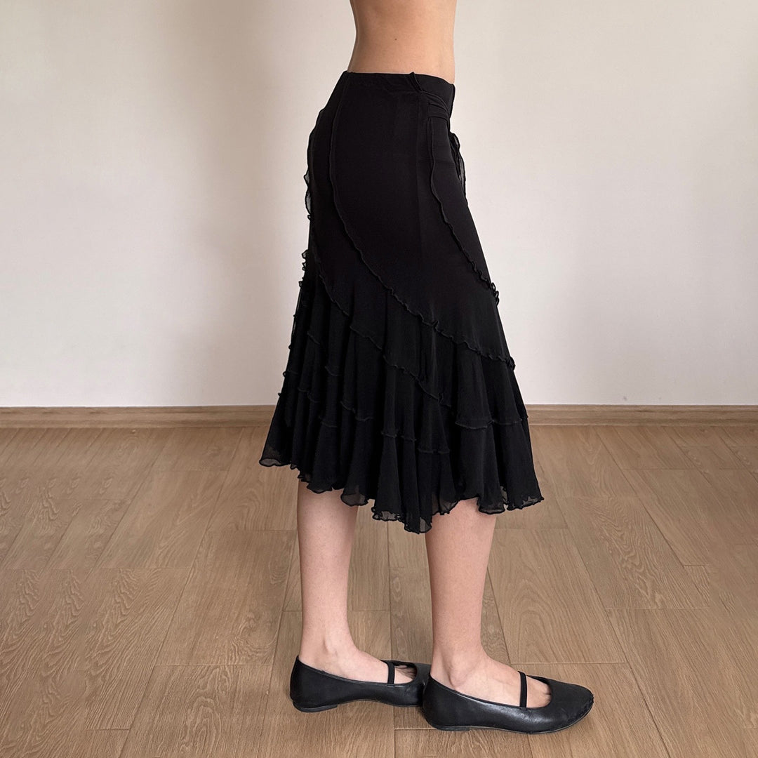 Women's midi skirt made of chiffon with layers, asymmetrical seam lines and decorative belt Mune Fashion