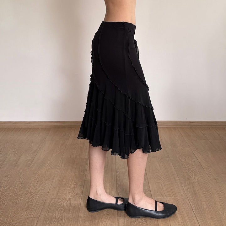 Women's midi skirt made of chiffon with layers, asymmetrical seam lines and decorative belt Mune Fashion