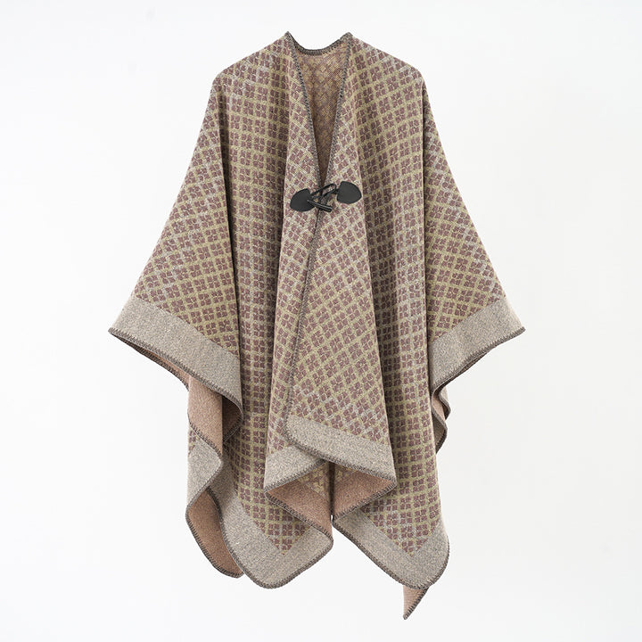 Women's Wool Blend Poncho with Jacquard Pattern and Toggle Closure Mune Fashion