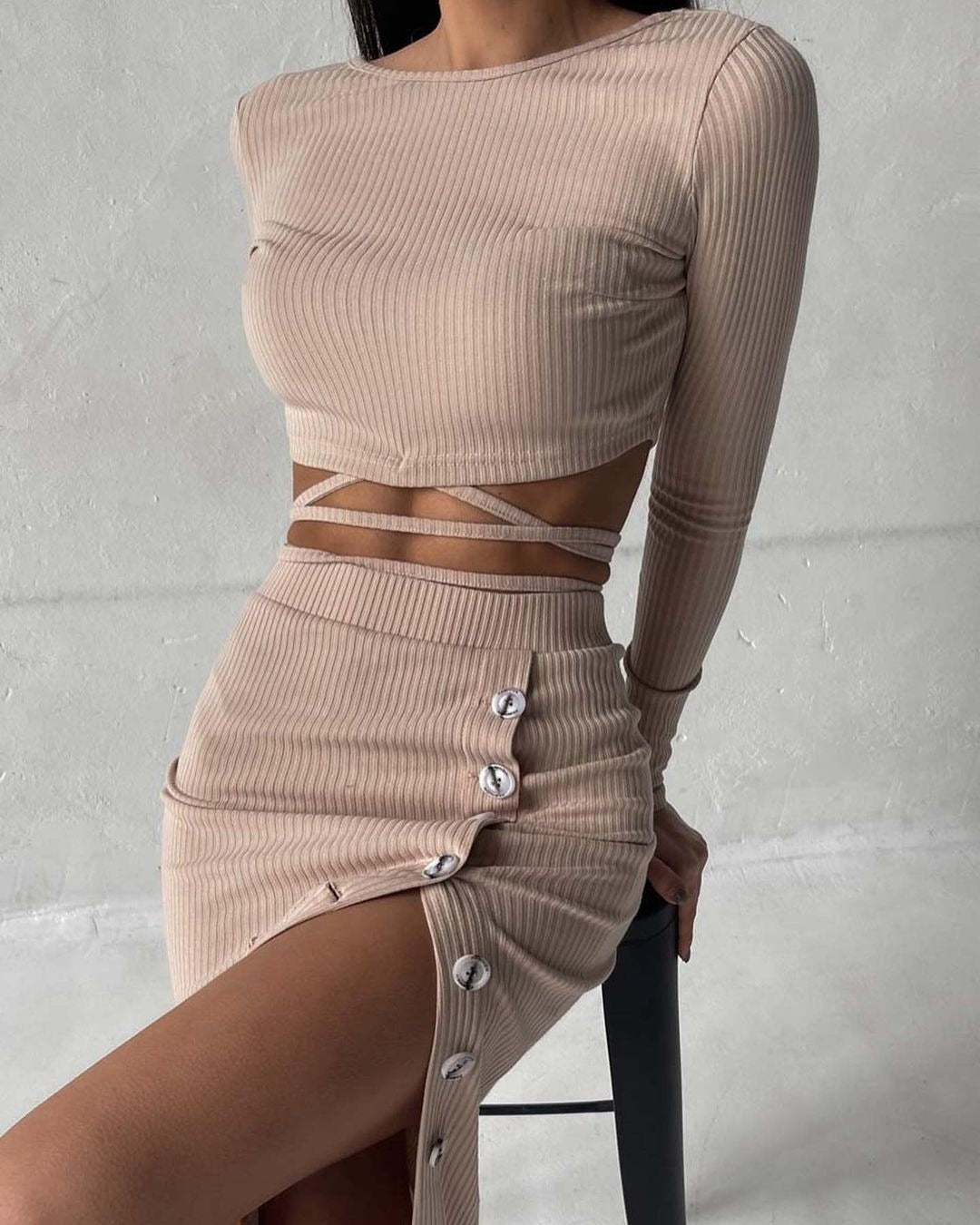Women Ribbed Two-Piece Set with Cropped Long Sleeve Top, Wrap Band and Waist Highlighting Button Midi Skirt Mune Fashion