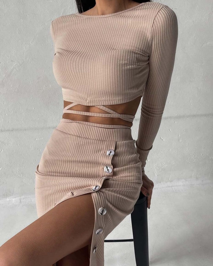 Women Ribbed Two-Piece Set with Cropped Long Sleeve Top, Wrap Band and Waist Highlighting Button Midi Skirt Mune Fashion
