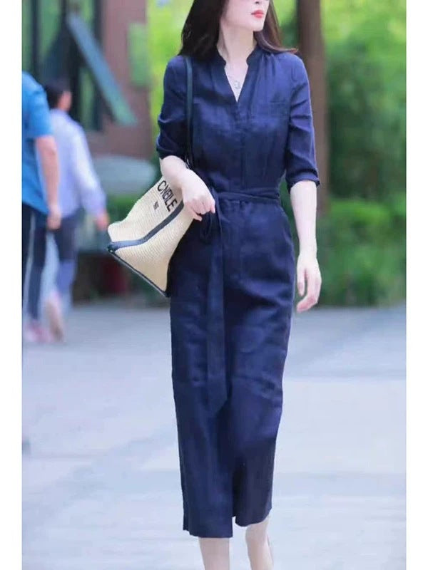 Women's Linen Jumpsuit with Tailored Tie Belt and 3/4 Sleeves Mune Fashion